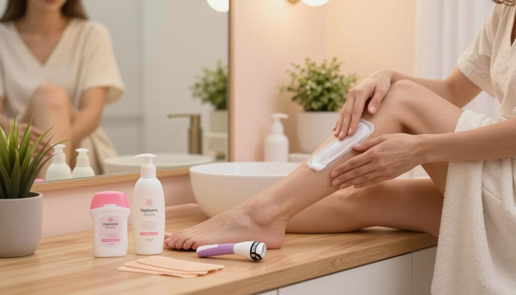 A serene bathroom setting showcasing home hair removal methods. In the foreground, a neatly arranged array of hair removal products such as wax strips, a depilatory cream, and an electric shaver on a wooden countertop. In the middle ground, a person in modest, casual clothing gently applying a hair removal cream to their leg, demonstrating proper technique. The background features soft, warm lighting enhancing the relaxing atmosphere, with a mirror reflecting the scene. The walls are in soothing pastel colors, and potted plants add a touch of freshness. The mood is calm and focused, suggesting self-care and attentiveness to personal grooming.